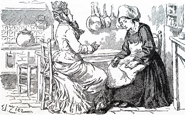 A cook and a maid in a kitchen in France