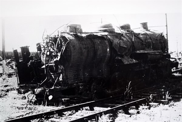Wreckage of a train at Trappes, 1944