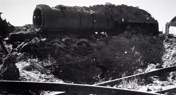 Wreckage of a train at Trappes, 1944