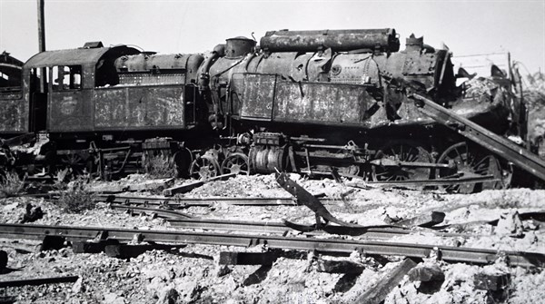 Wreckage of a train at Trappes, 1944
