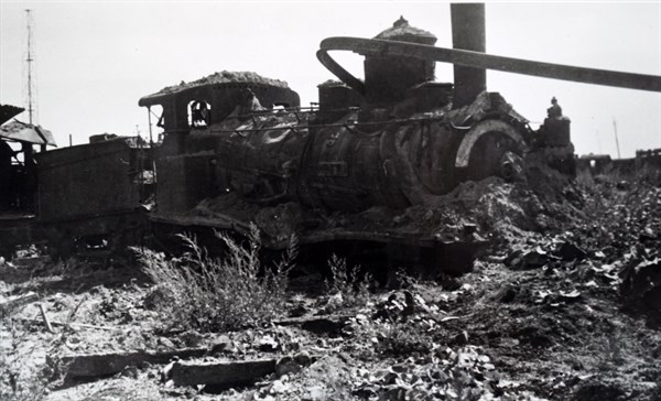 Wreckage of a train at Trappes, 1944