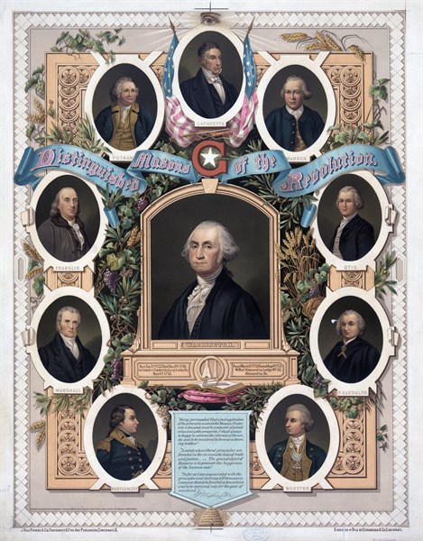 illustration of 1800 titled 'Distinguished masons of the revolution' Includes Lafayette, George Washington and Benjamin Franklin