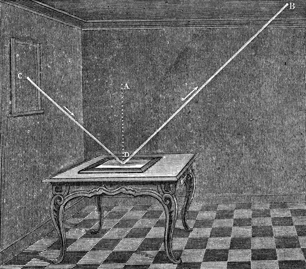 A beam of light in a darkened room reflecting off a mirror