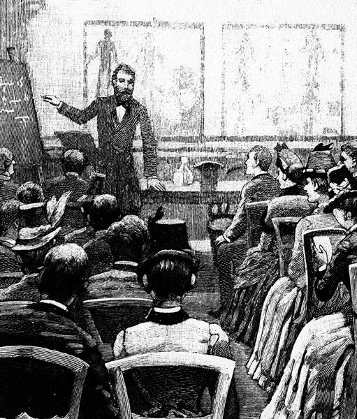 An evening lecture on physiology and hygiene being given to members of the young men's Christian Association