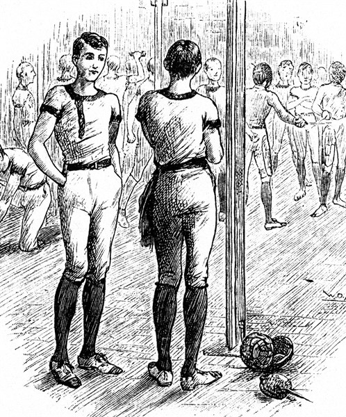 A fencing class being taught to members of the young men's Christian Association, inside the gymnasium at the Queen's Theatre, Long Acre, London