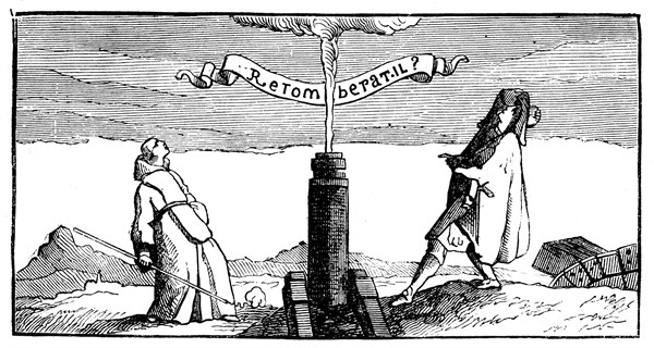 Marin Mersenne performing an experiment to prove the rotation of the earth: ball fired from vertical cannon did not fall back down the barrel