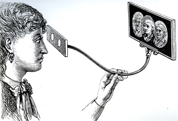 A woman viewing a picture through a Brewster Stereoscope