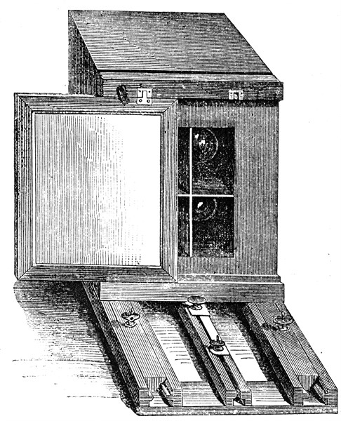 A stereoscopic camera with a single shutter operating in front of both lenses