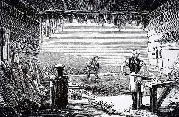 Different applications of the lever, such as a spade, a hammer head attached to a handle, and the shoemaker's guillotine