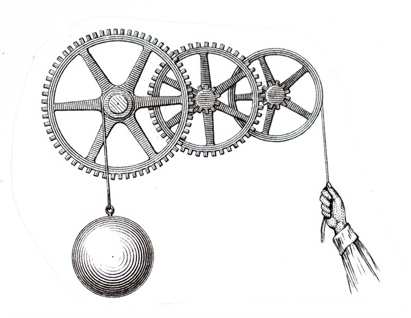 Illustration of an nineteenth century cog and gear mechanism
