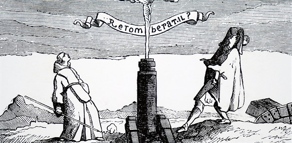 Marin Mersenne performing an experiment to prove the rotation of the earth: ball fired from vertical cannon did not fall back down the barrel