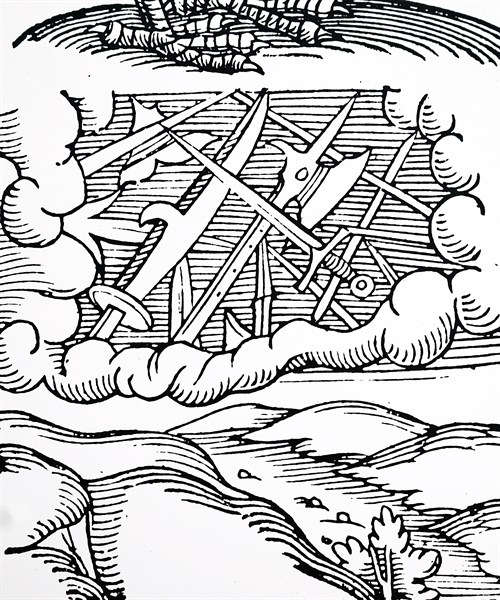 An ancient meteor shower shown as swords, pikes, and battle-axes
