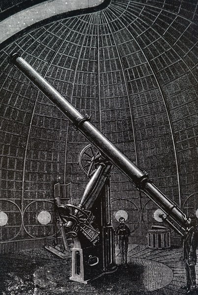 An astronomer and his assistant observing Mercury, Venus and Jupiter from a roof top observatory in Paris