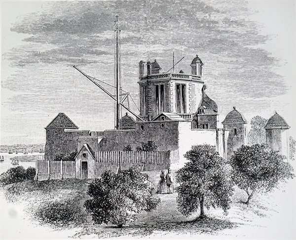 The exterior of the Royal Observatory, Greenwich, an observatory situated on a hill in Greenwich Park, overlooking the River Thames