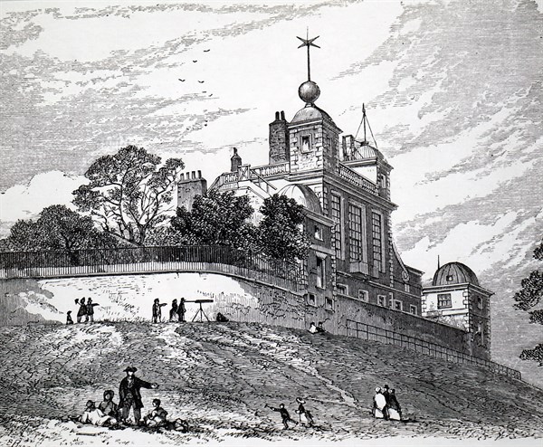 The exterior of the Royal Observatory, Greenwich, an observatory situated on a hill in Greenwich Park, overlooking the River Thames