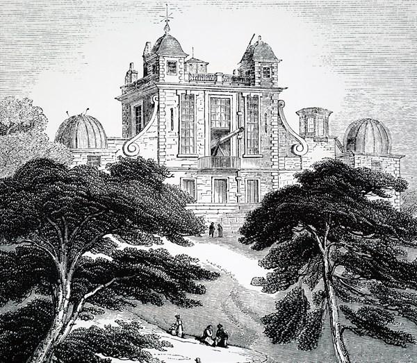 The exterior of the Royal Observatory, Greenwich, an observatory situated on a hill in Greenwich Park, overlooking the River Thames