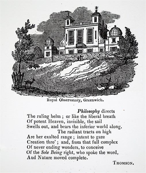 The exterior of the Royal Observatory, Greenwich, an observatory situated on a hill in Greenwich Park, overlooking the River Thames