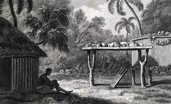 Illustration of a native from Oceania with sacrificial altar and skulls