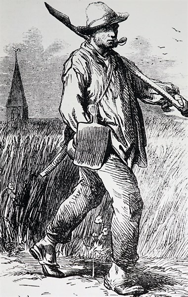 A French labourer walking with some tools