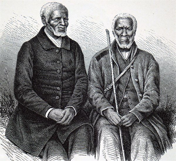 Two elderly Khoikhoi men in European dress