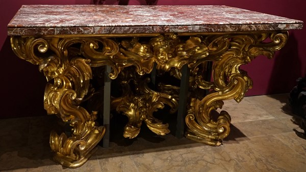 Italian marble topped table with gilded poplar and pine