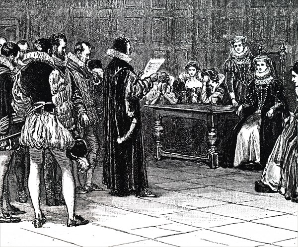 Engraving depicting Mary, Queen of Scots receiving her sentence