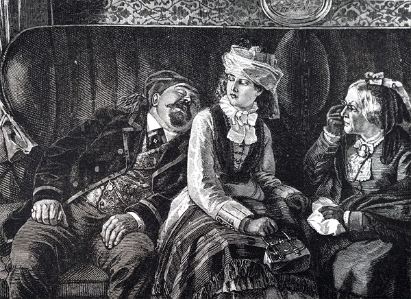 A man falling asleep on another passenger in a first-class carriage