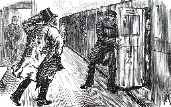 A train guard about to close the carriage door as a flustered man rushes to reach the train before it leaves