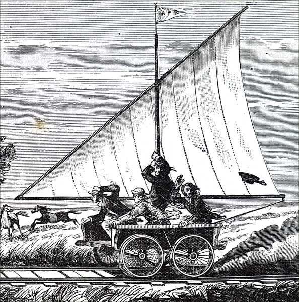 A wind carriage on the Kansas Pacific Railroad, used to take men and tools to make repairs on the track