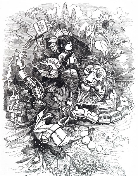 Illustration commenting on the progression of the British Railway during the 19th century