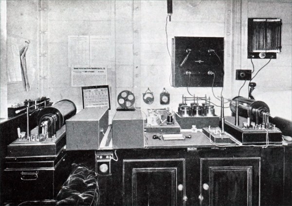 Photograph of Guglielmo Marconi's cabin aboard the SS Minneapolis filled with his equipment