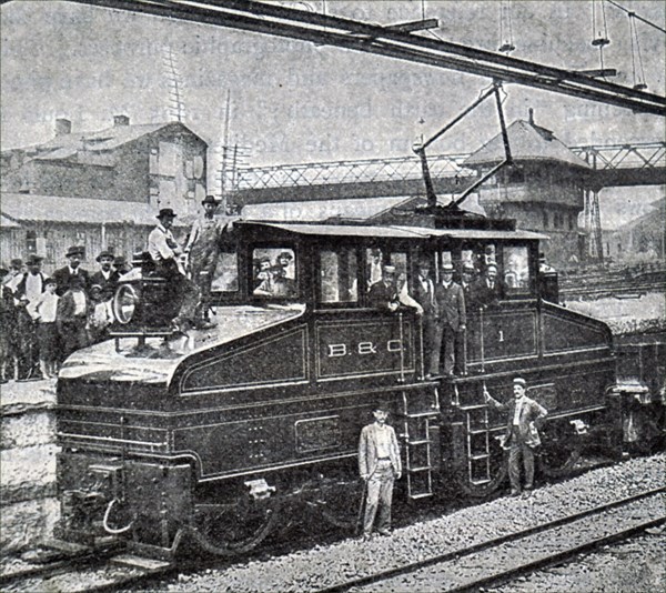 Photograph taken of an early electric locomotive on the Baltimore and Ohio Railroad