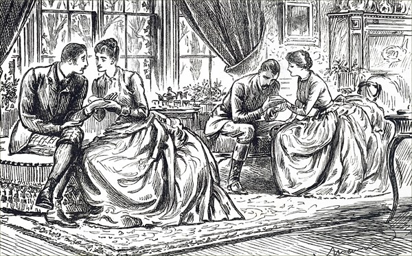 Two young couples practising palmistry used as cover for an afternoon of flirtation