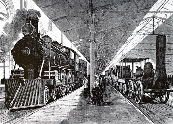 A scene from the Chicago World Fair exhibition of locomotives