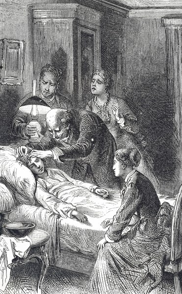 A country doctor, being watched by anxious family members, tending to a boy with concussion