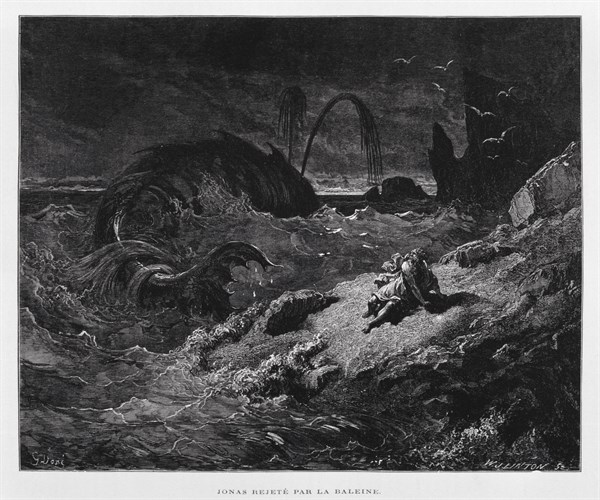 Jonah ejected onto dry land by the whale, Illustration from the Dore Bible 1866