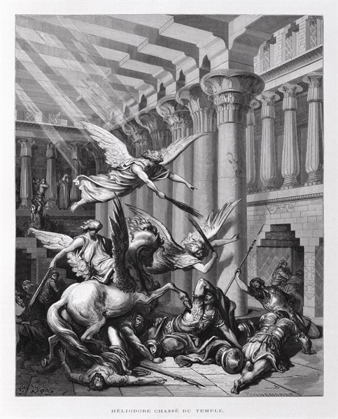 Heliodorus Is Cast Down,  Expulsion of Heliodorus, Illustration from the Dore Bible 1866