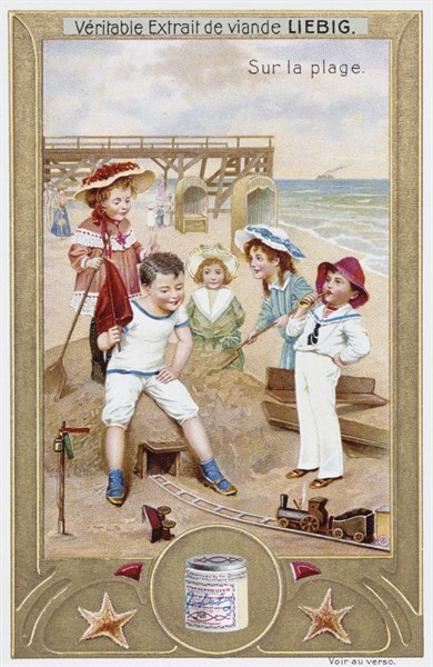 Leibig card depicting French children on the beach 1890