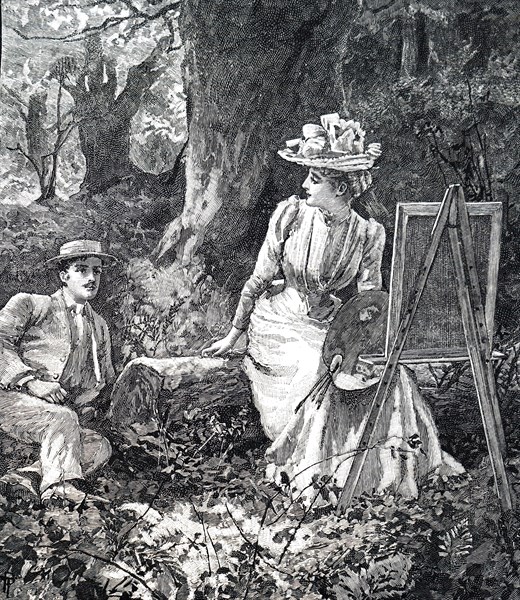 A young artist presenting her work to her lover as the relax in the woods