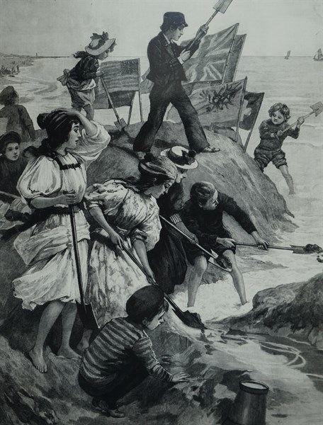 Painting depicting children building sandcastles on the beach