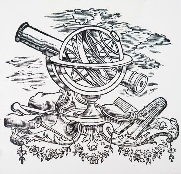 Woodcut print depicting a collection of various astronomy tools. Dated 18th Century