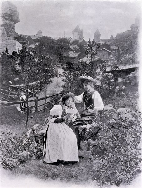 Photograph of a Swiss Village exhibit with waterfall.