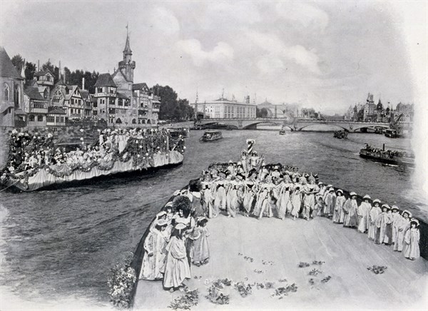 Black and white illustration showing the nautical festival on the Seine next to the Ville de Paris by Zeiss-Krauss.