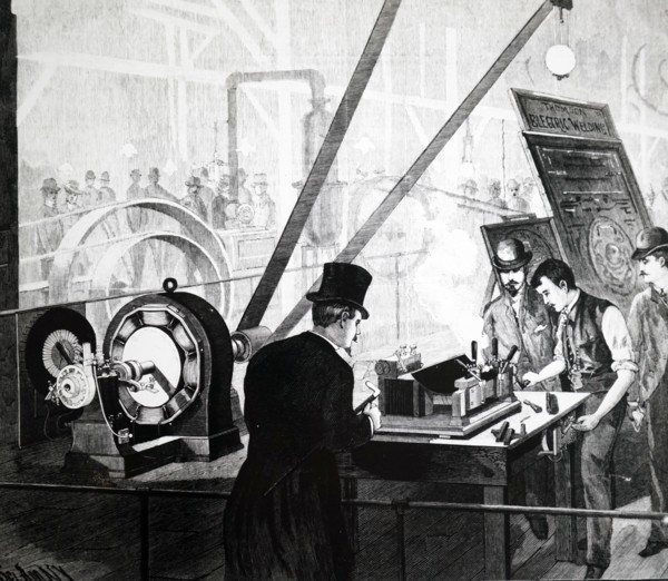Elihu Thomson's electric welding process, powered by a Thomson/Houston dynamo