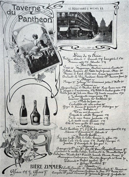 French menu from the Taverne de Pantheon. 1900