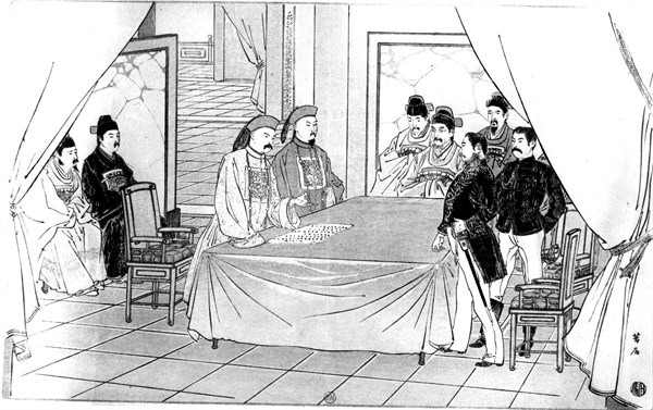 Indépendance de la Corée. O. Tori, ministre du Japon à Séoul, discute avec les envoyés du gouvernement chinois