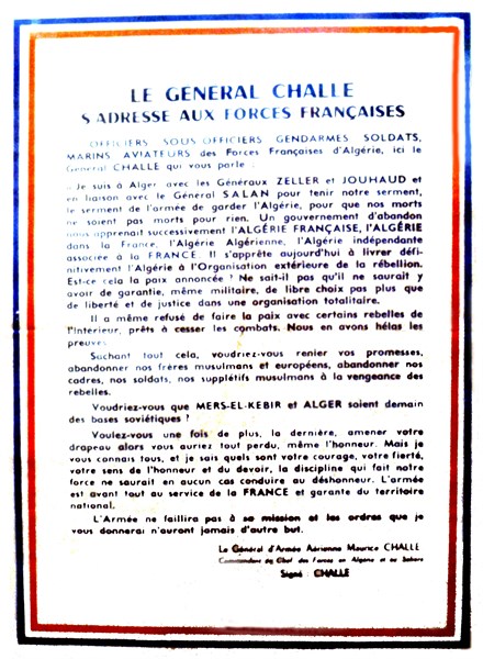 Affiche : Le général Challe s'adresse aux Forces françaises, Putsch des généraux
