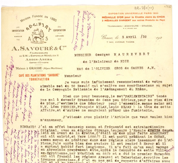 Letter from a merchant recounting his memories of Arthur Rimbaud