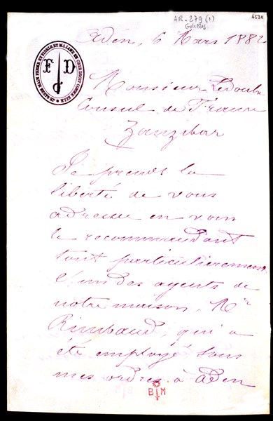 Handwritten letter by Arthur Rimbaud