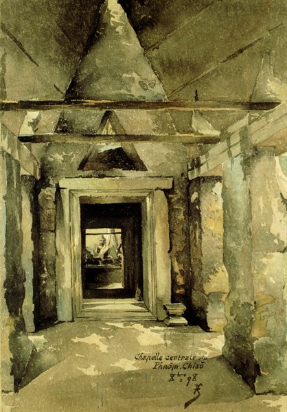 Angkor, Chapelle centrale du Phôm-Chiso, Aquarelle de Jean Courmaille